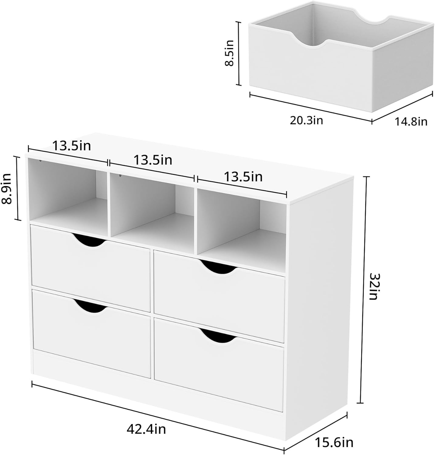 4 Drawers Dresser with Open Cube, White Chest of Drawers for Bedroom, Fabric PU Closet Drawer Dresser Large Organizer, 4 Drawers, White