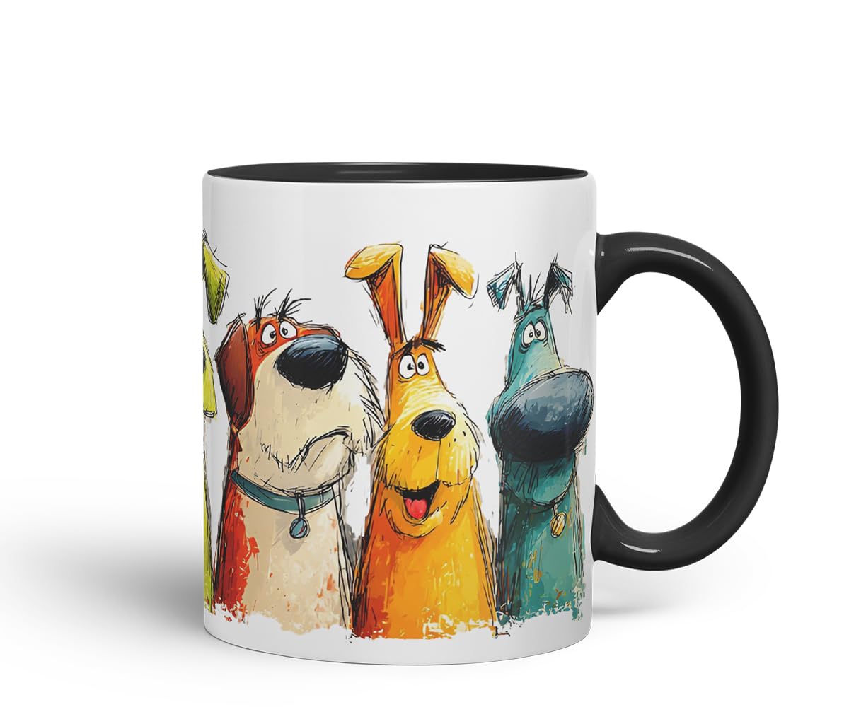 Vixar Funny Colourful Pet Dog Friends Design – Cute Dog Character Mug for Dog Lovers, Coloured Mug Cup Gift, 11oz (Black)
