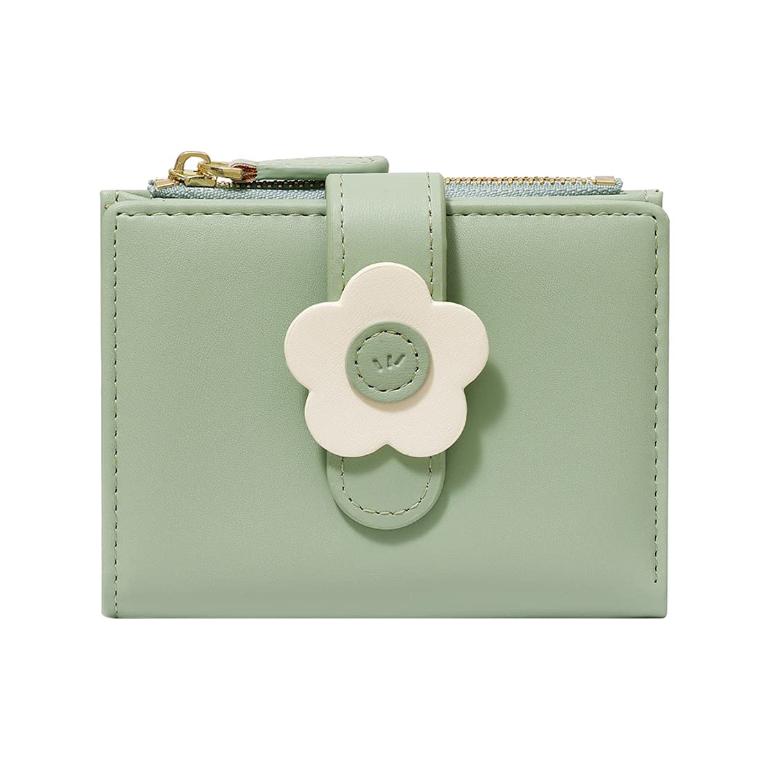 Sunwel FashionSmall Cute Zipper Wallet Slim Wallet ID/Photo Window Card Holder Coin Purse with 3D Flower Pattern Buckle for Women Girls (GREEN)