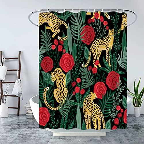 LAEDCIITI Leopard Tropical Palm Leaf Shower Curtain Rainforest Catus Rose Banana Monstera Wildlife Animal Tiger Jungle Flower Plant Bath Curtain