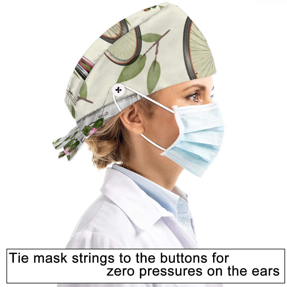 Mularoka Watercolor Bikes Car Roses Working Caps with Button Sweatband Comfortable Adjustable Bouffant Hats Work Hat for Women Men