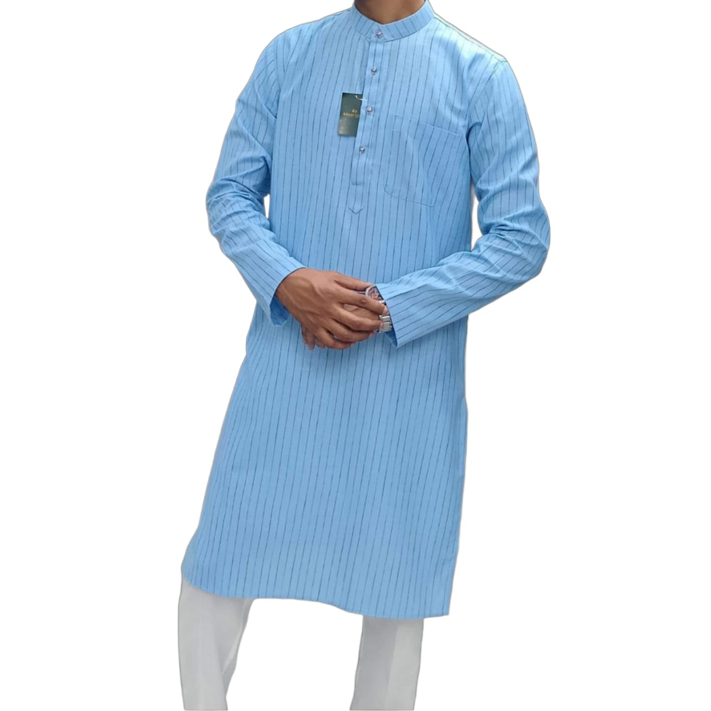 Libas Men's Striped Linen Cotton Kurta, Mandarin Collar, Full Sleeves (in, Alpha, Regular Fit, Sky Blue) in blue