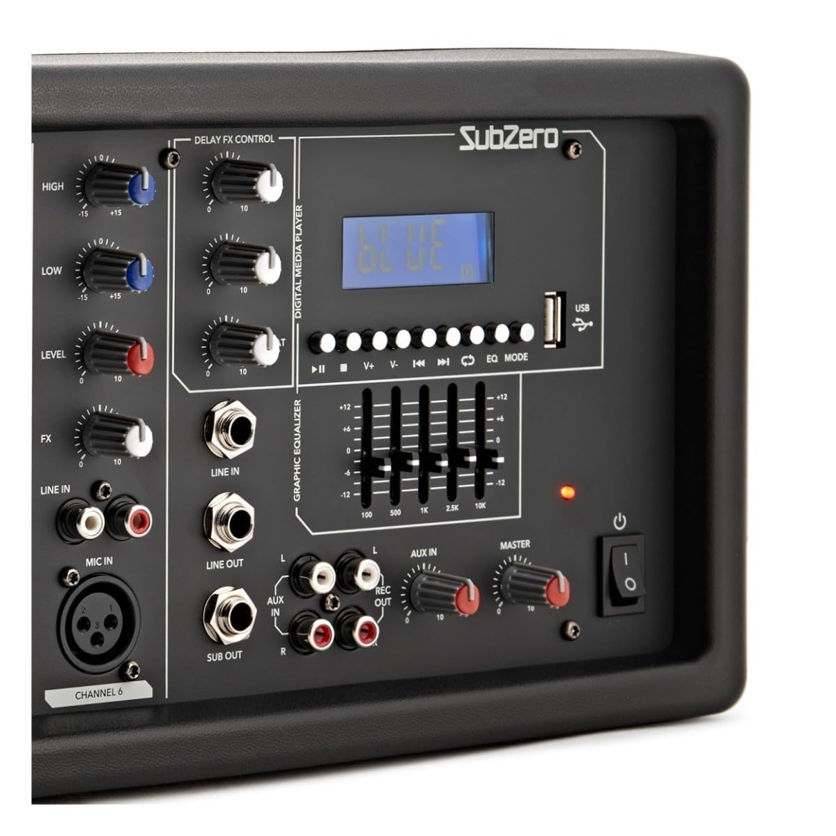 SubZero Mezclador autoamplificado con reproductor multimedia digital | Seis canales con entradas XLR y jack, reproductor MP3 integrado con Bluetooth, 200W RMS/250W pico