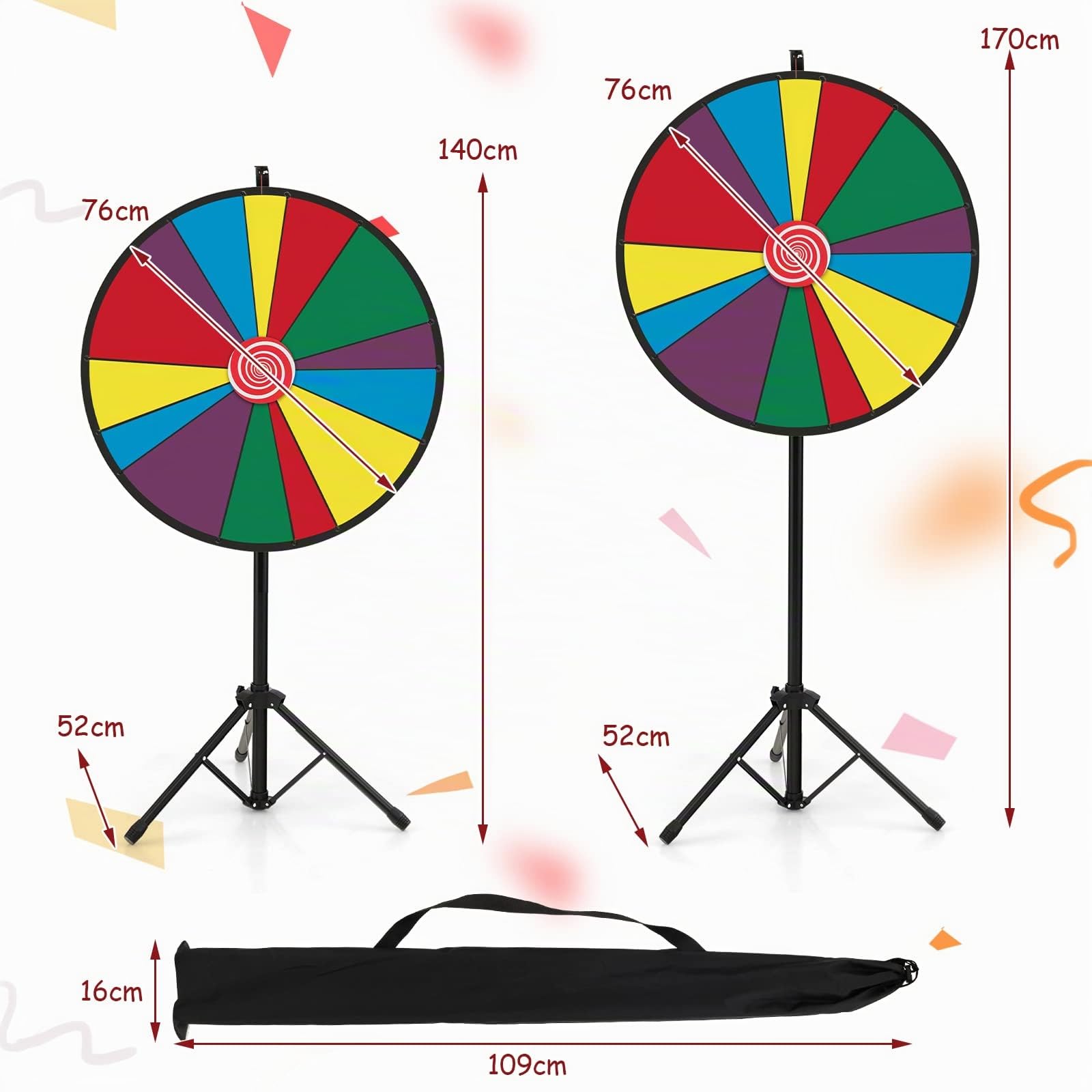 RELAX4LIFE Ruota della Fortuna 76 cm da Terra con Altezza Regolabile 140-170cm, 14 Slots Colorate, Scrivibili, Cancellabili,Pennarello e Cancellino, Base in Treppiedi, 2 Indicatori da Ricambio