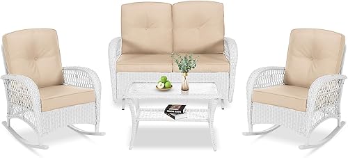 Miniatura 66 de VIVIJASON Silla mecedora de mimbre para exteriores, 2 piezas, sillas mecedoras de ratán para patio con cojines y marco de acero, muebles de mimbre