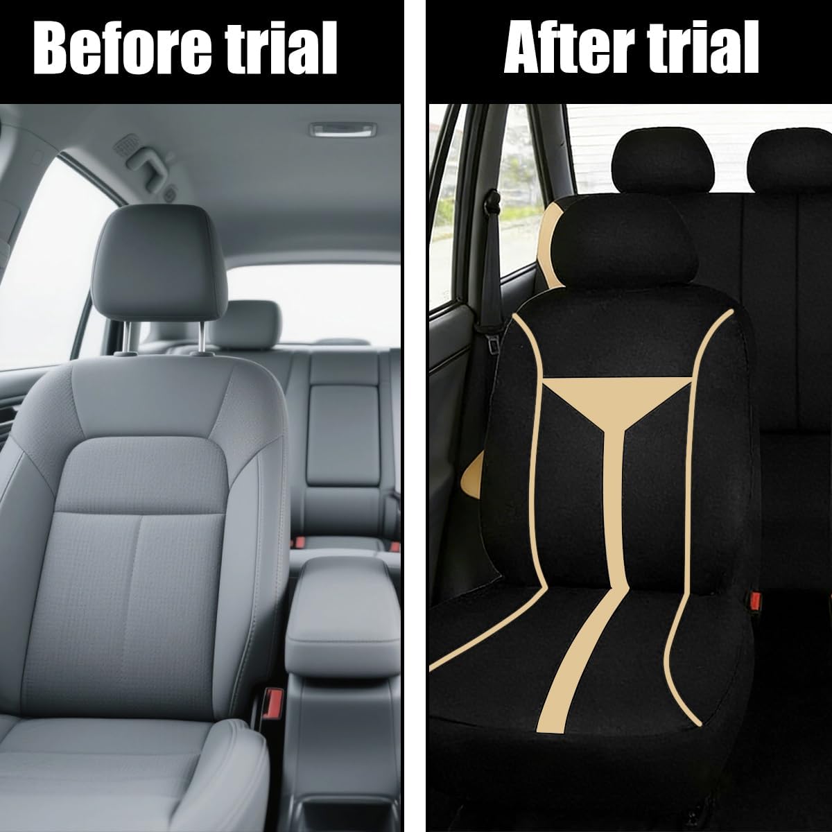 Osilly Car Seat Cover Full Set, Soft Breathable Sporty Vehicle Interior Seat Protector, Comfortable Automotive Front and Rear Split Bench Cover, Universal Fit (Beige/Black)