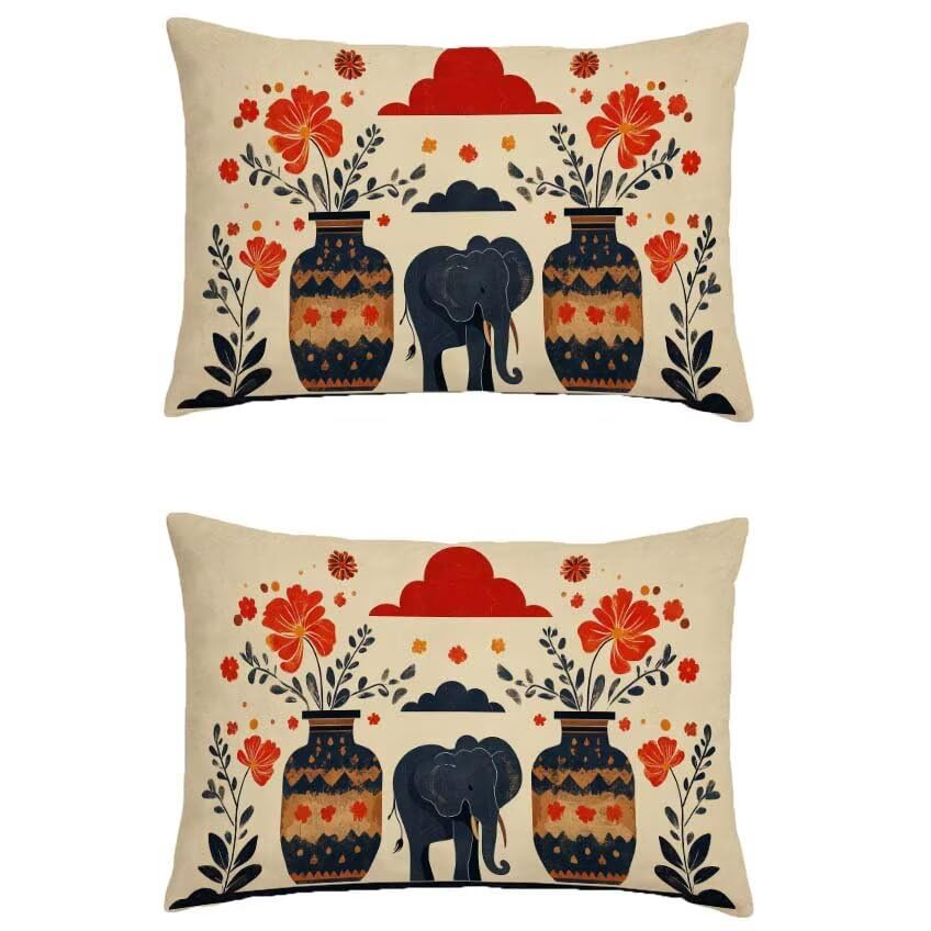 Housse coussin exterieur 60x90cm rectangulaire en lin imperméable motif éléphant l-m228