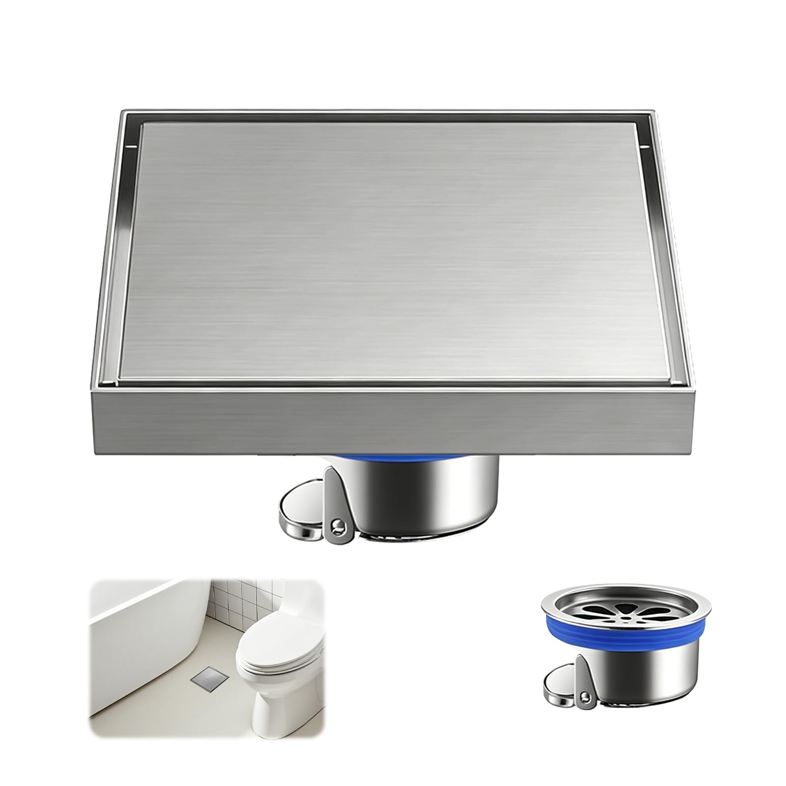 Scarico Doccia a Pavimento Quadrato, 15 x 15 cm Piletta Doccia Invisibile in Acciaio Inox, Canale di Scarico con Filtro per Capelli e Valvola Antiodori, per Bagno Cucina Cantina e Garage