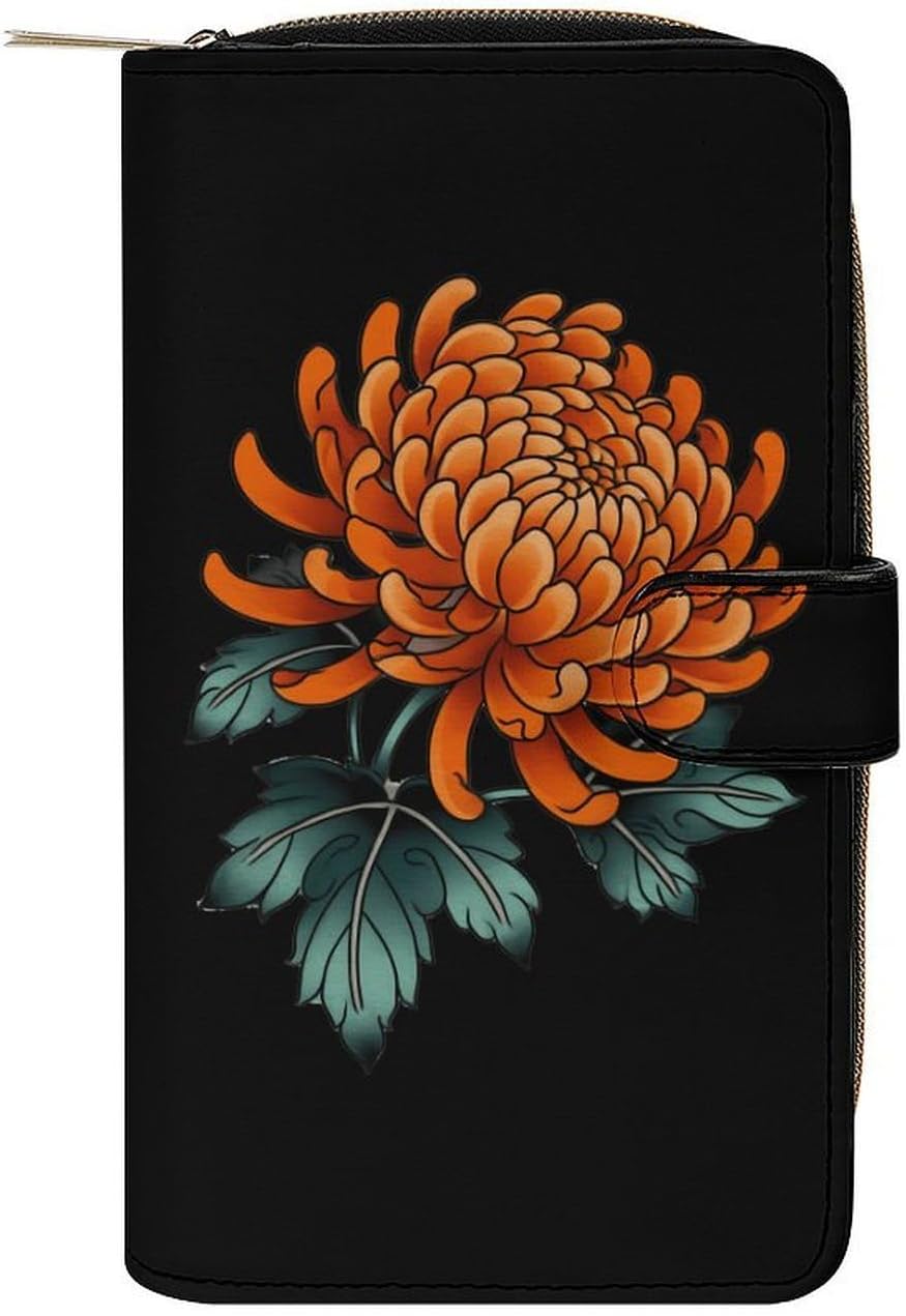 Orange Chrysanthemum Flower Womens Wallet for Men Slim Purse Clutch Handbag with Card Holder