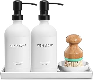 GMISUN Kitchen Soap Dispenser Set, 16 Oz Hand and Dish Soap Dispenser with Ceramic Tray & Bamboo Dish Brush, 2 Pack White Glass Liquid Pump Bottle, Modern Farmhouse Refillable Dish Soap Bottle