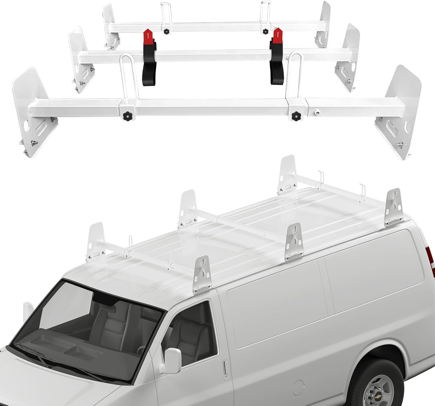 Universal Van Ladder Roof Racks, Adjustable Length 48''-67'', Van Roof Ladder Rack Fit for Chevy Express 1500 2500 3500 Ford Econoline GMC Savana Cargo Vans with Rain Gutter