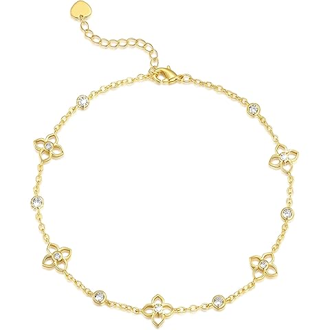 14K Gold Anklets for Women 14K Gold Ankle Bracelets for Women Flower Anklet for Wom...