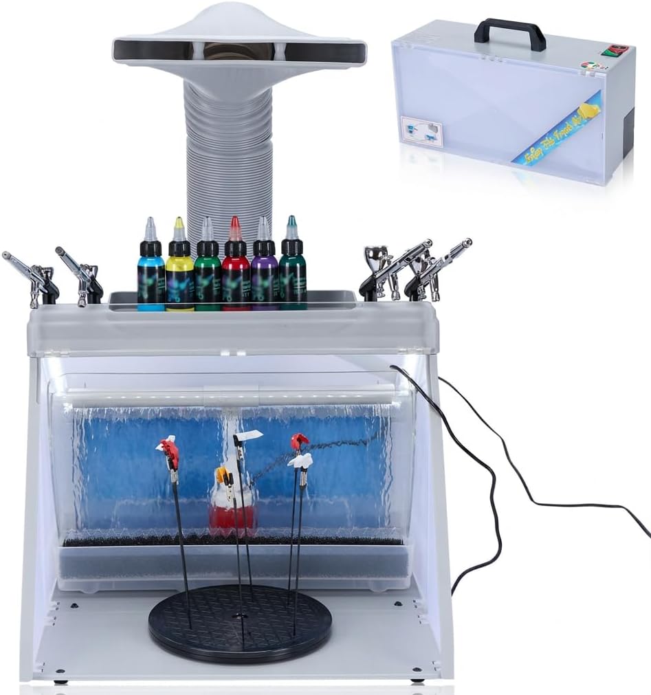 OPHIR Water Curtain Airbrush Spray Booth with 3 Filteration, Foldable Portable Paint Booth for Indoor Hobby Painting & Apartment, Quiet Airbrush Booth with 3 LED Lights, Exhaust Fan, 360° Turntable