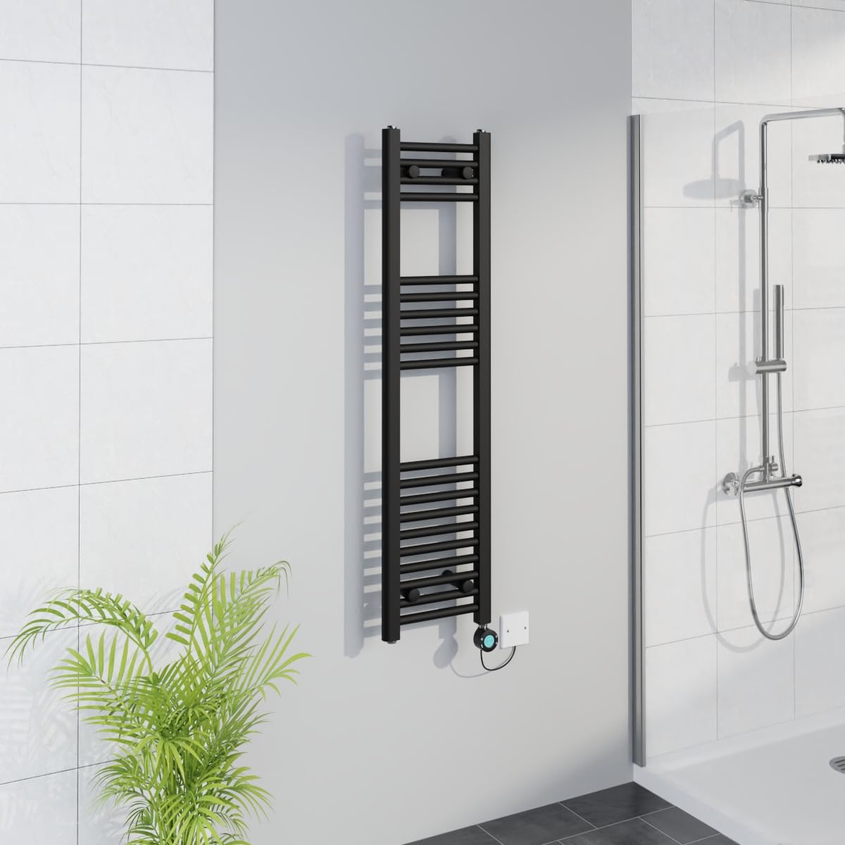 Warmehaus Black Smart Wifi Thermostatic Electric Bathroom Straight Heated Towel Rail Warmer Radiator With Timer 1200X300mm