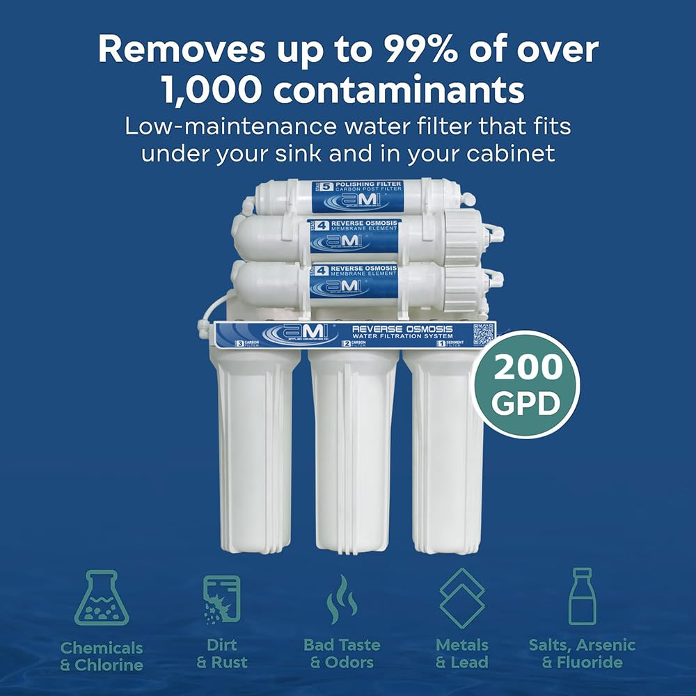 Applied Membranes Reverse Osmosis Water Filtration System, Under-Sink Water Filter System with 5-Stage Coconut Carbon and RO Membrane Filtration (200 GPD Output)