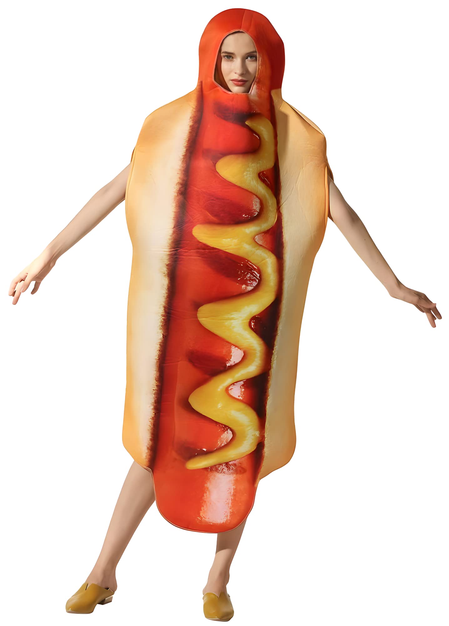 thematys Disfraz de perrito caliente. Disfraz de comida rápida de una pieza, mono de cuerpo entero para adultos, talla única, ideal para carnaval, semana temática y cosplay (perrito caliente)