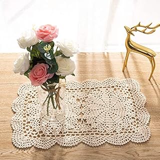 Eiyye Rectangle Doilies 2-Piece 10.5x17inch Handmade Crochet Cotton Lace Table Placemats Coaster (Beige)