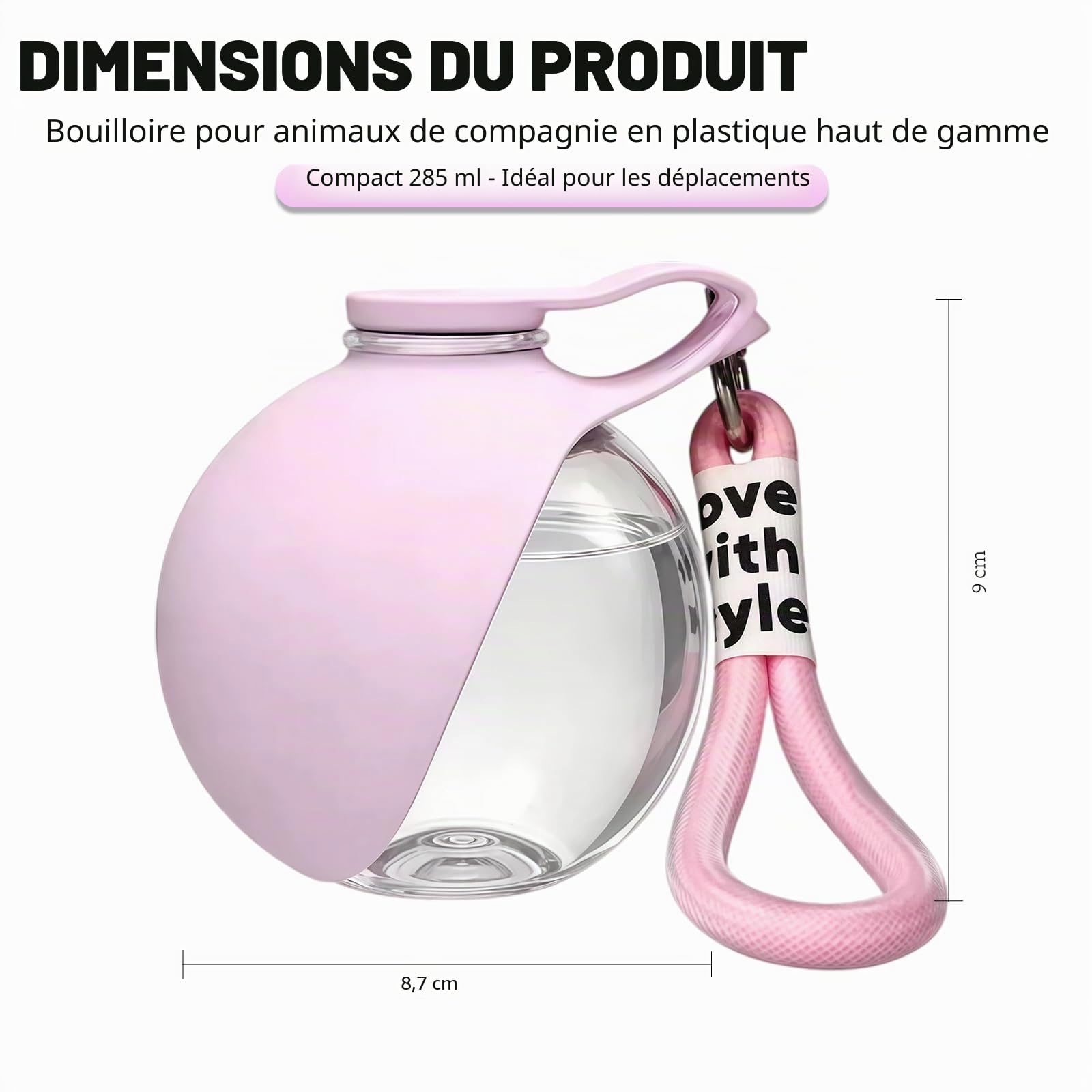 Gourde pour chien en déplacement, 285 ml, avec gamelle en silicone pliable, design anti-fuite, récipient transparent, légère, randonnée, voyage, sans BPA, rose