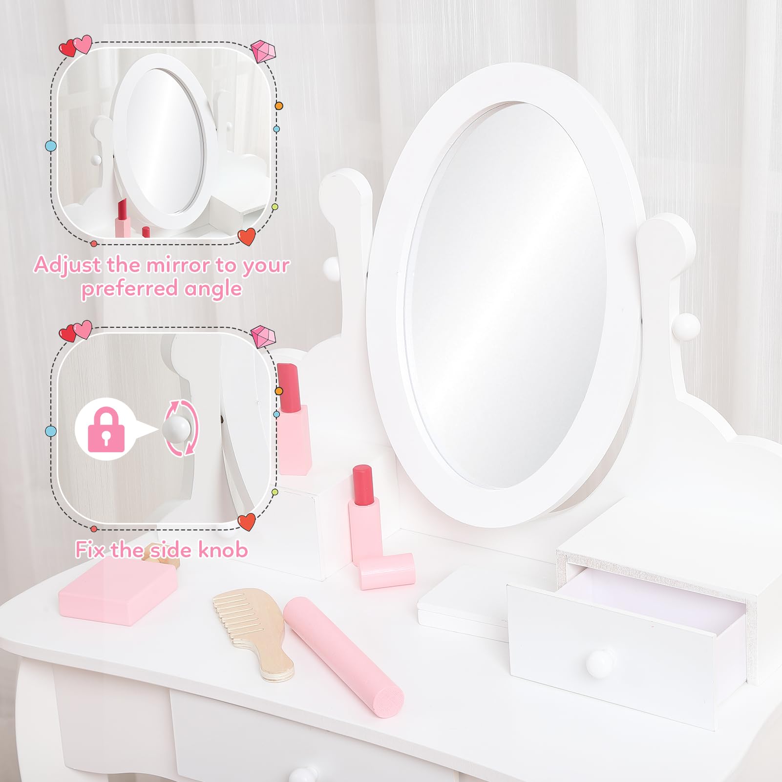 Coiffeuse avec Miroir et Tabouret Enfant, Table de Maquillage Princesse pour Filles de 4 à 9 Ans, Coiffeuse Bureau 2 en 1, Cadeau pour Petites Filles, Blanc