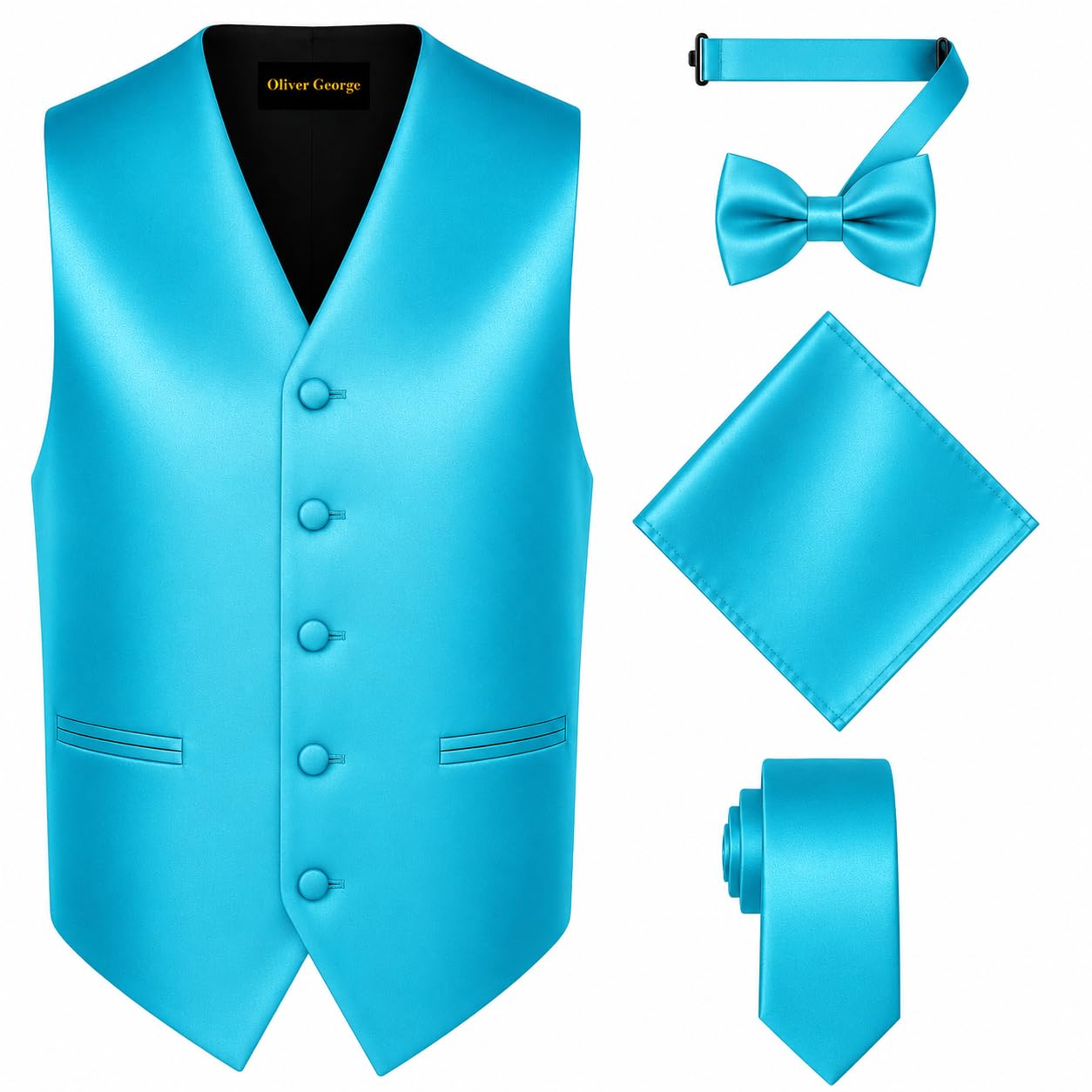 Oliver George 4pc Men's Solid Formal Suit Waistcoat Tuxedo Dress Vest Necktie Bowtie Handkerchief Set for Suit or Tuxedo
