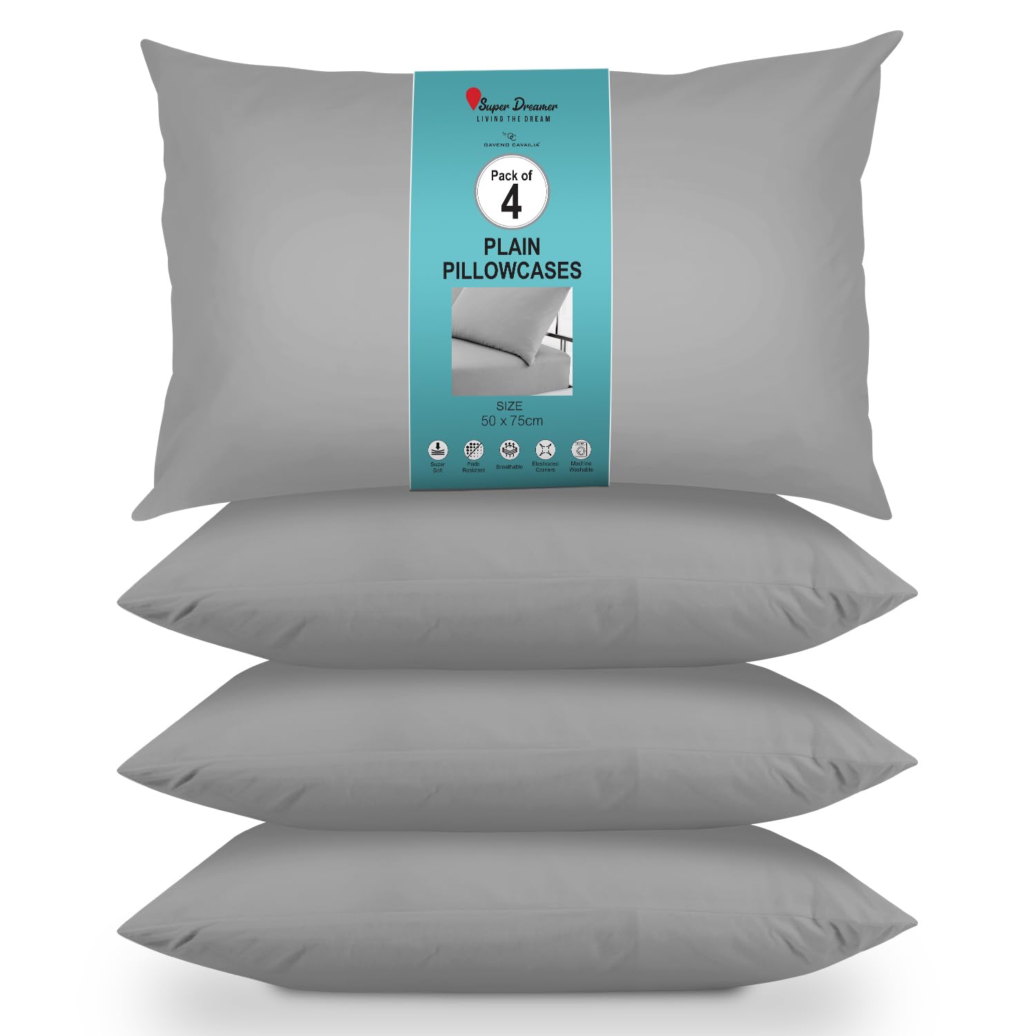 GC GAVENO CAVAILIA Housewife Pillowcases 4 Pairs - 100% Microfibre Bed Pillow - Standard Size 75x50 cm - Hypoallergenic Pillowcase - Envelope Closure - Wrinkle, Fade & Stain Resistant - Grey
