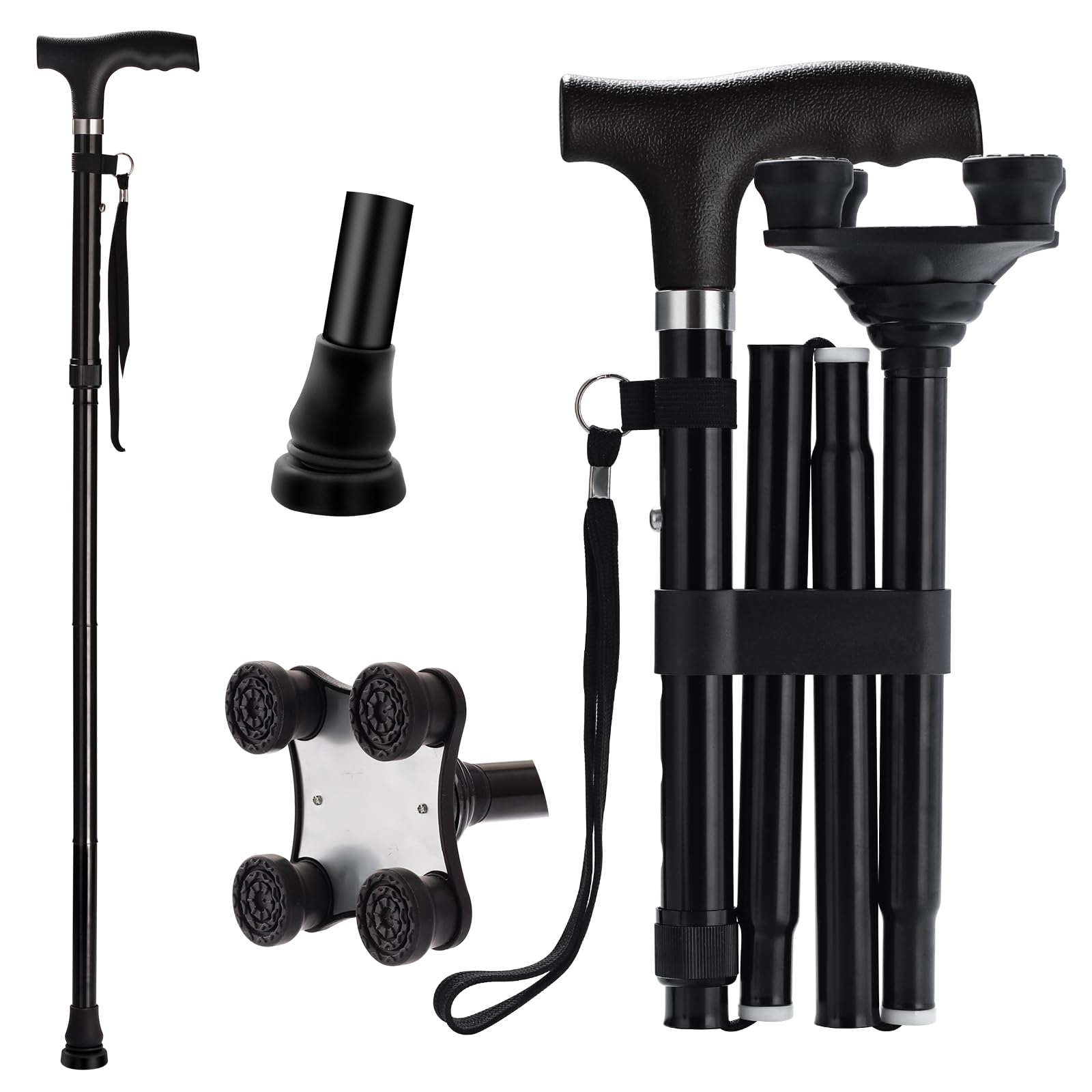 2024 New Walking Cane for Men and Women, Adjustable Height Folding Cane, Pivoting Base and Replacement Terrain Tips, Lightweight Canes for Senior Safe