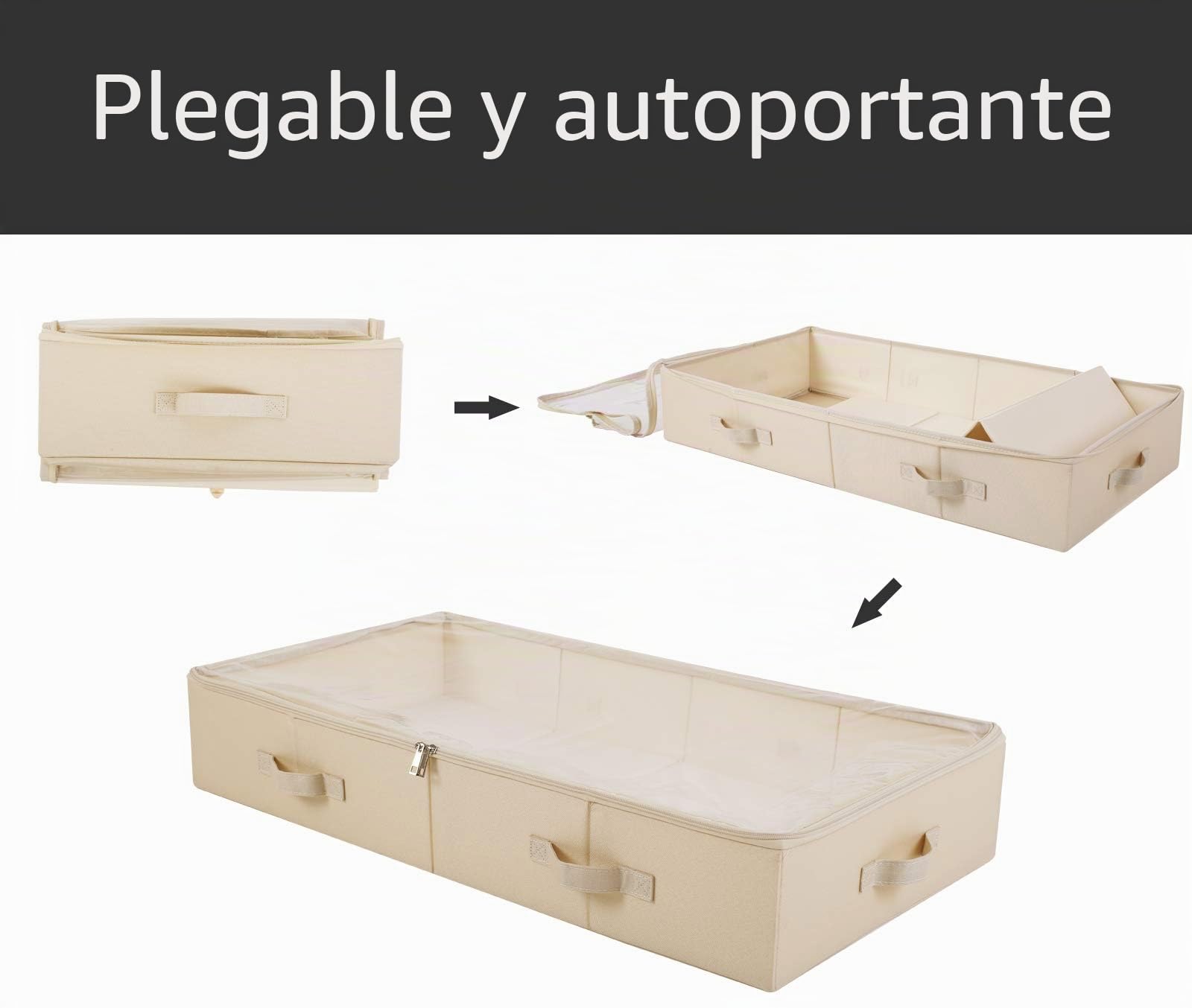 Pack de 2 cajas de almacenamiento espaciosas de PVC visibles con tapa debajo de la cama para zapatos, mantas y ropa de cama, plegables y lavables, color beige