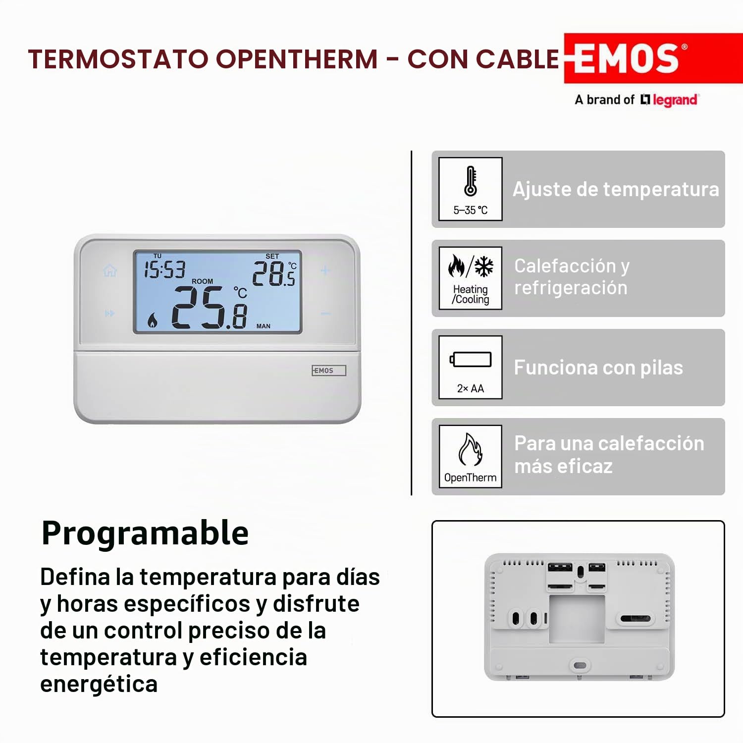 Emos Termostato de ambiente digital compatible con OpenTherm, programable, cableado, de montaje en superficie, blanco, 12,6 x 8,4 x 2,6 cm