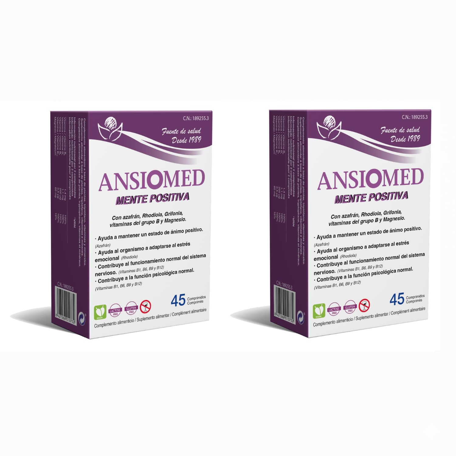 Ansiomed Mente Positiva 45 Comprimidos - Pack de 2 - Ayuda a Mantener un Estado de Ánimo Positivo en Momentos de Estrés - Azafrán, Rhodiola, Grifonia, Magnesio y Vitaminas