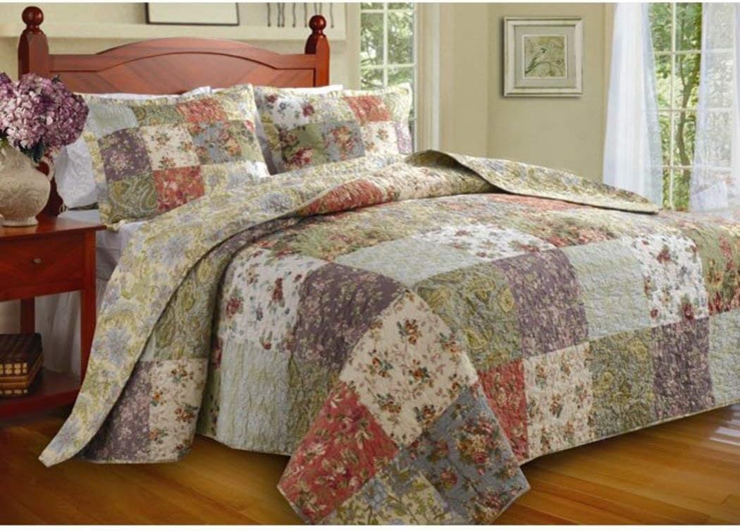 3 Piece Oversized Green Purple Patchwork Bedspread King Set, Quilted French Country Damask Floral Rustic Flowers Pattern Prairie Themed Farmhouse Charm Cottage Oversize to The Floor Checked, Cotton