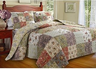 3 Piece Oversized Green Purple Patchwork Bedspread Queen Set, Quilted French Country Damask Floral Rustic Flowers Pattern Prairie Themed Farmhouse Charm Cottage Oversize to The Floor Checked, Cotton