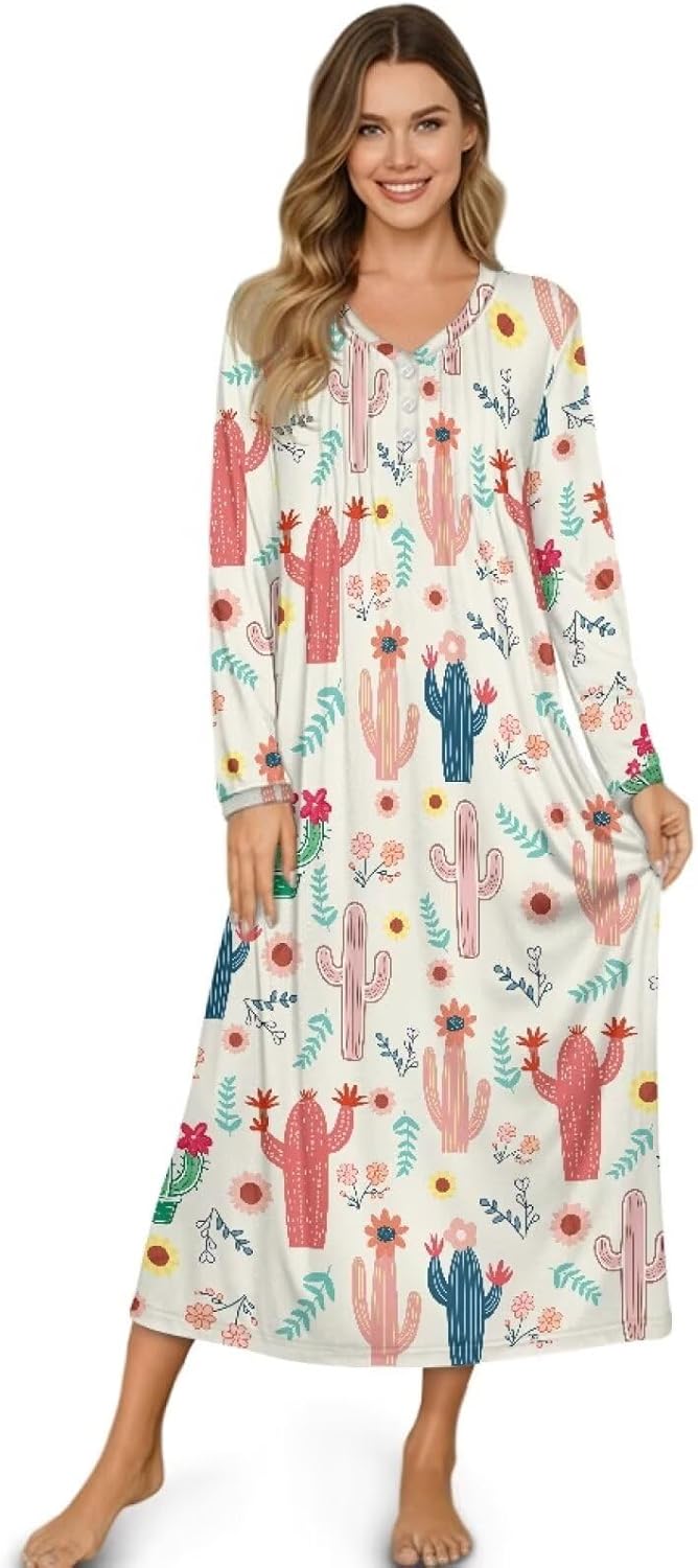 YEXIATODO Floral Printed Nightgown for Women Loose Fit Button Nightdress V Neck Sleepwear Long