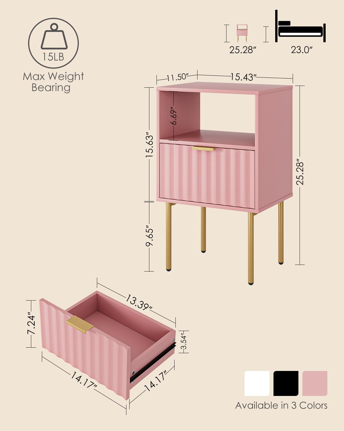 Nightstand,Modern Bedside Table with Gold Frame,White Night Stand,Bedside Furniture, Modern Side Table with Drawer and Shelf for Bedroom,Living Room (Pink)