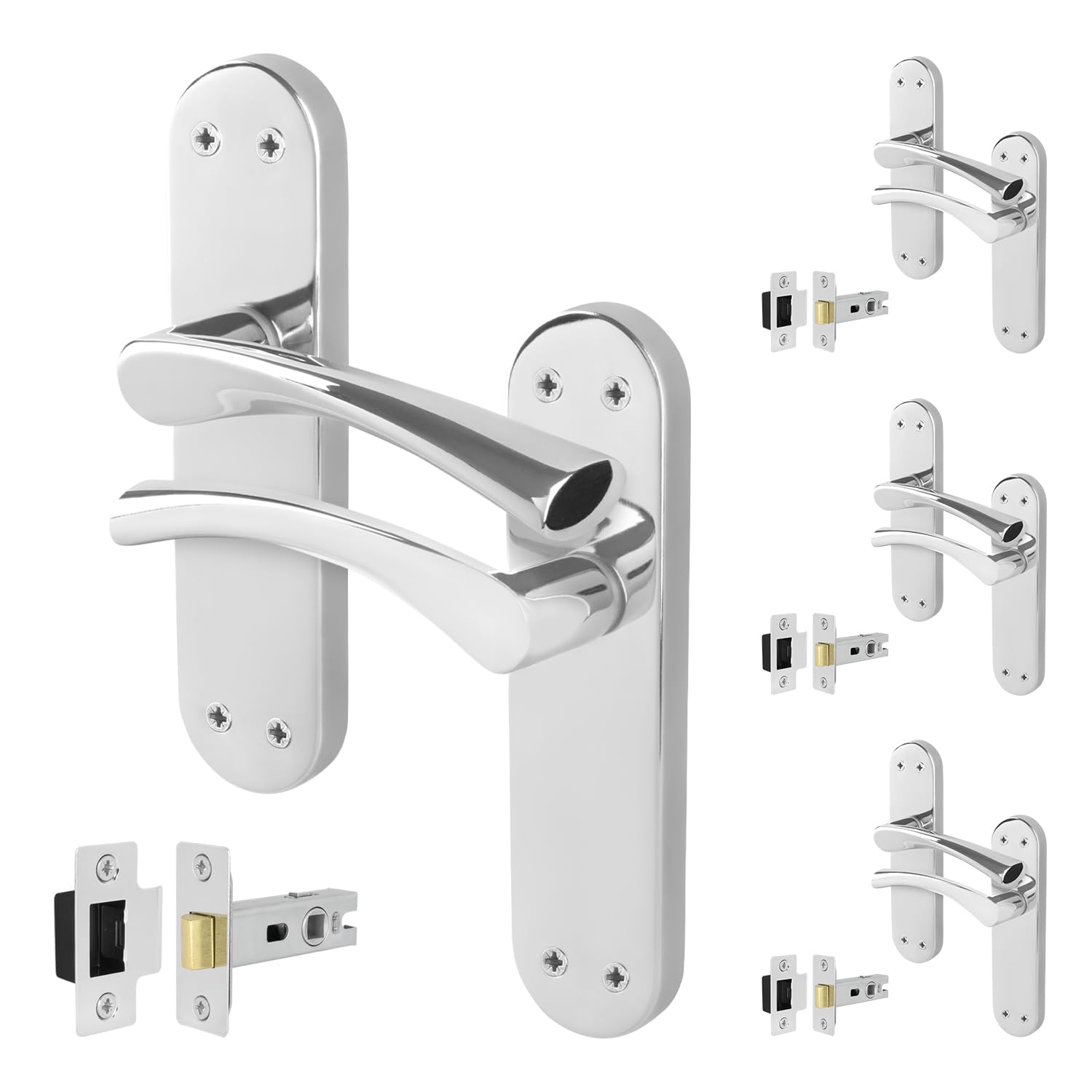 EAI Chrome Door Handle Latch Set, 4 Pairs of Polished Chrome Internal Lever T-Bar Handles Backplate Latches 64mm - Novoli