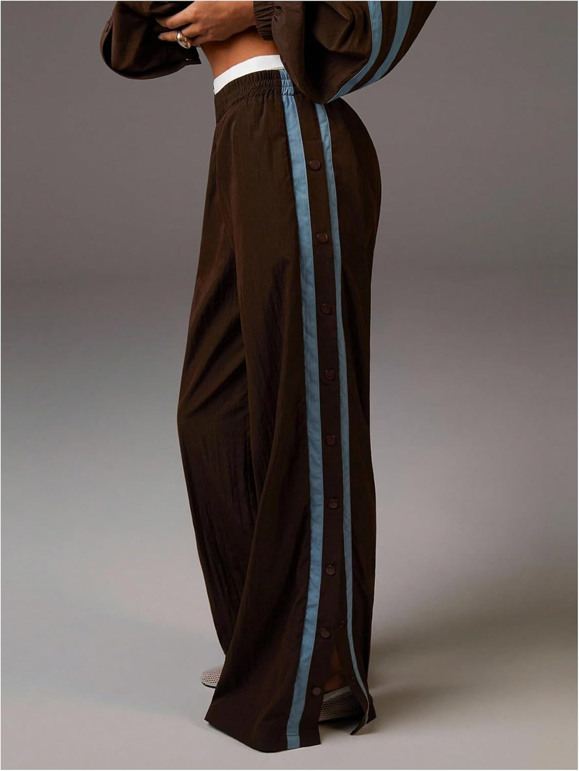 WDIRARA Women's Button Side Striped Wide Leg Pants Elastic Waist Baggy Track Pants - Image 2