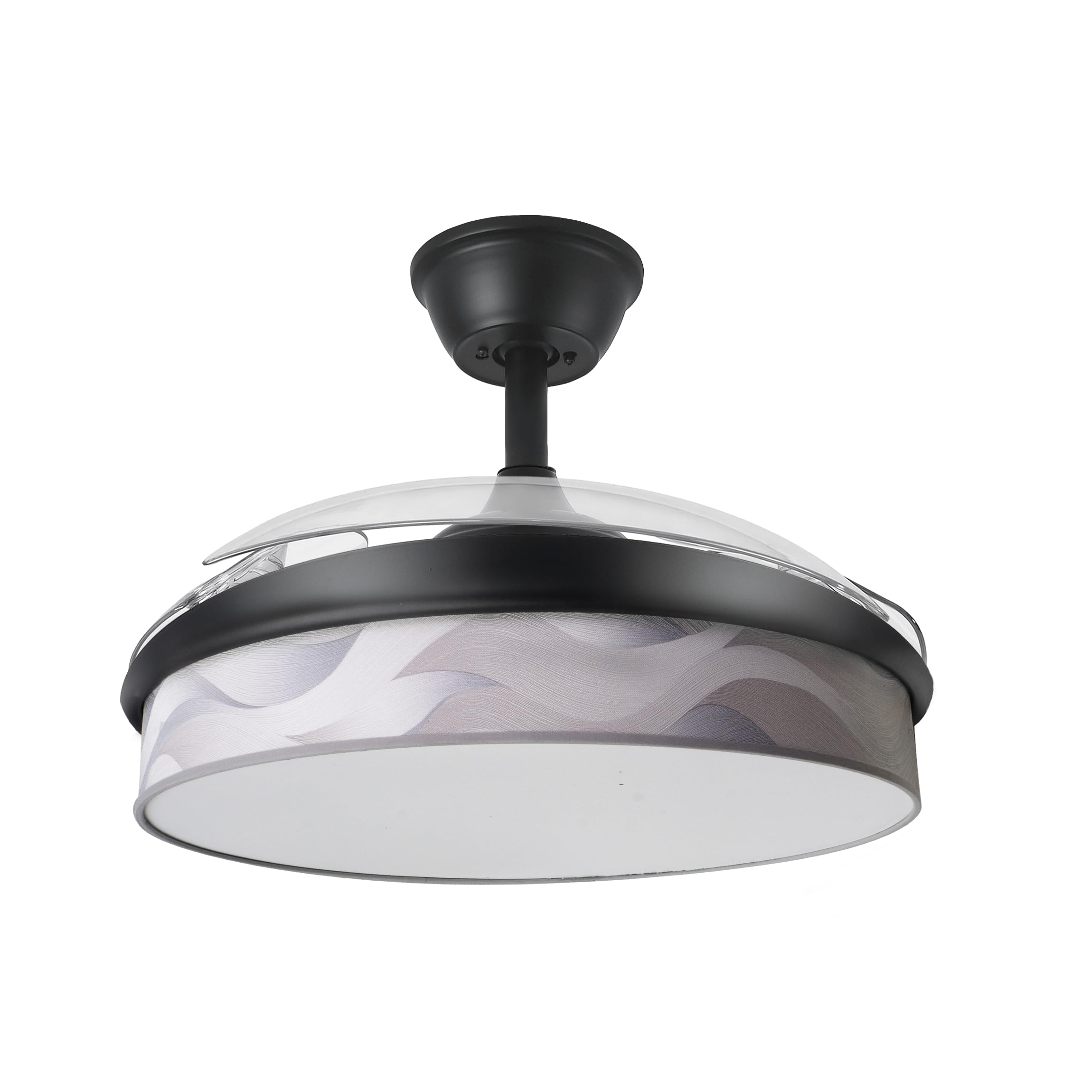 ABRILA - Ventilador DC MODA | Color Negro con tres Aspas Desplegables ABS y Difusor Ola Gris | 6 Velocidades Ajustables | 3 Temperaturas de Luz | con Temporizador y Mando a Distancia Incluido