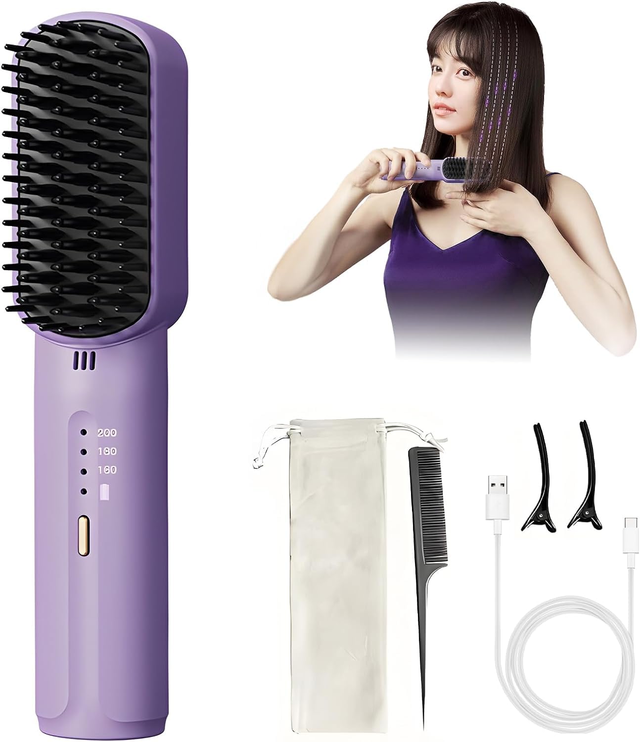 OBABO [Upgrade] Portable Cordless Mini Hair Straightening Comb, 2024 New Hair Straightener Brush with Ion, USB Rechargeable Travel Hair Straightener, Anti-Scald Mini Hot Comb (Purple)