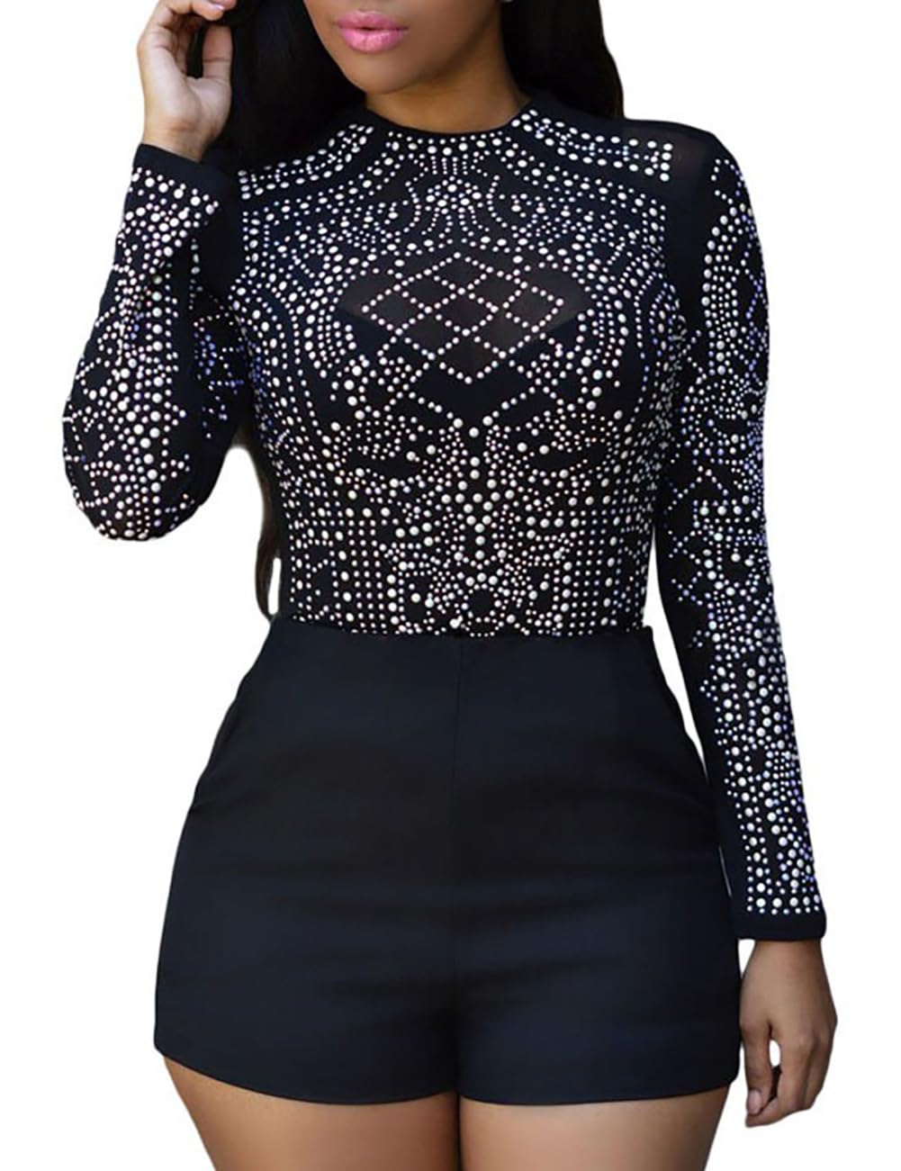 SEBOWEL Women Sheer Mesh Tops Long Sleeve Sparkly Tops Rhinestone Glitter Party Top See Through Sexy Blouse T-Shirt