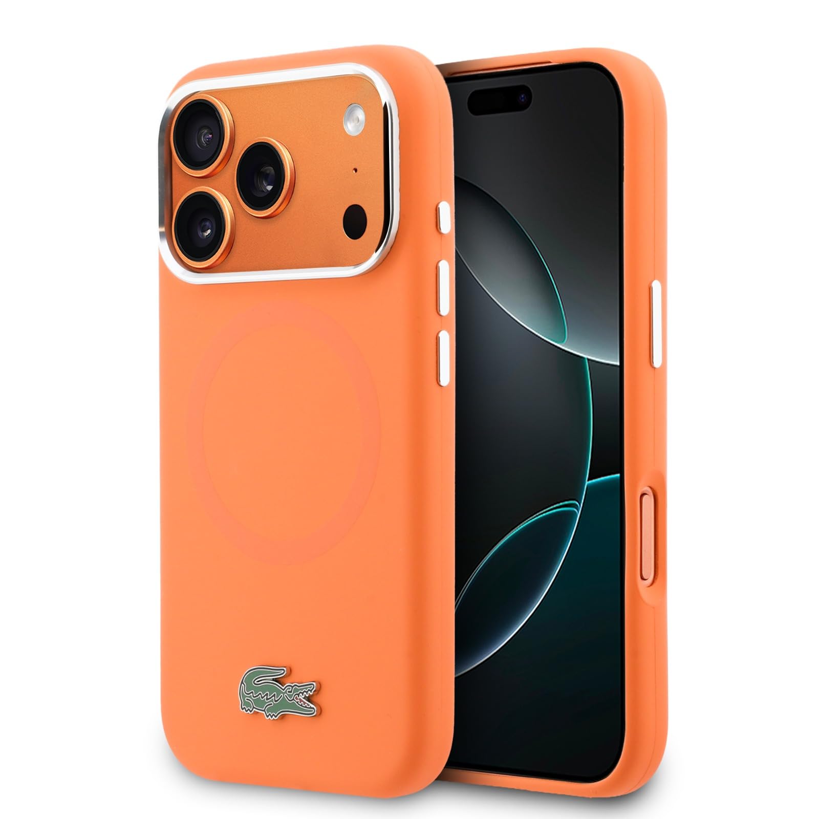CG MOBILE Lacoste silikonowe metalowe logo kompatybilne z MagSafe etui do iPhone 17 Pro Max (pomarańczowe)