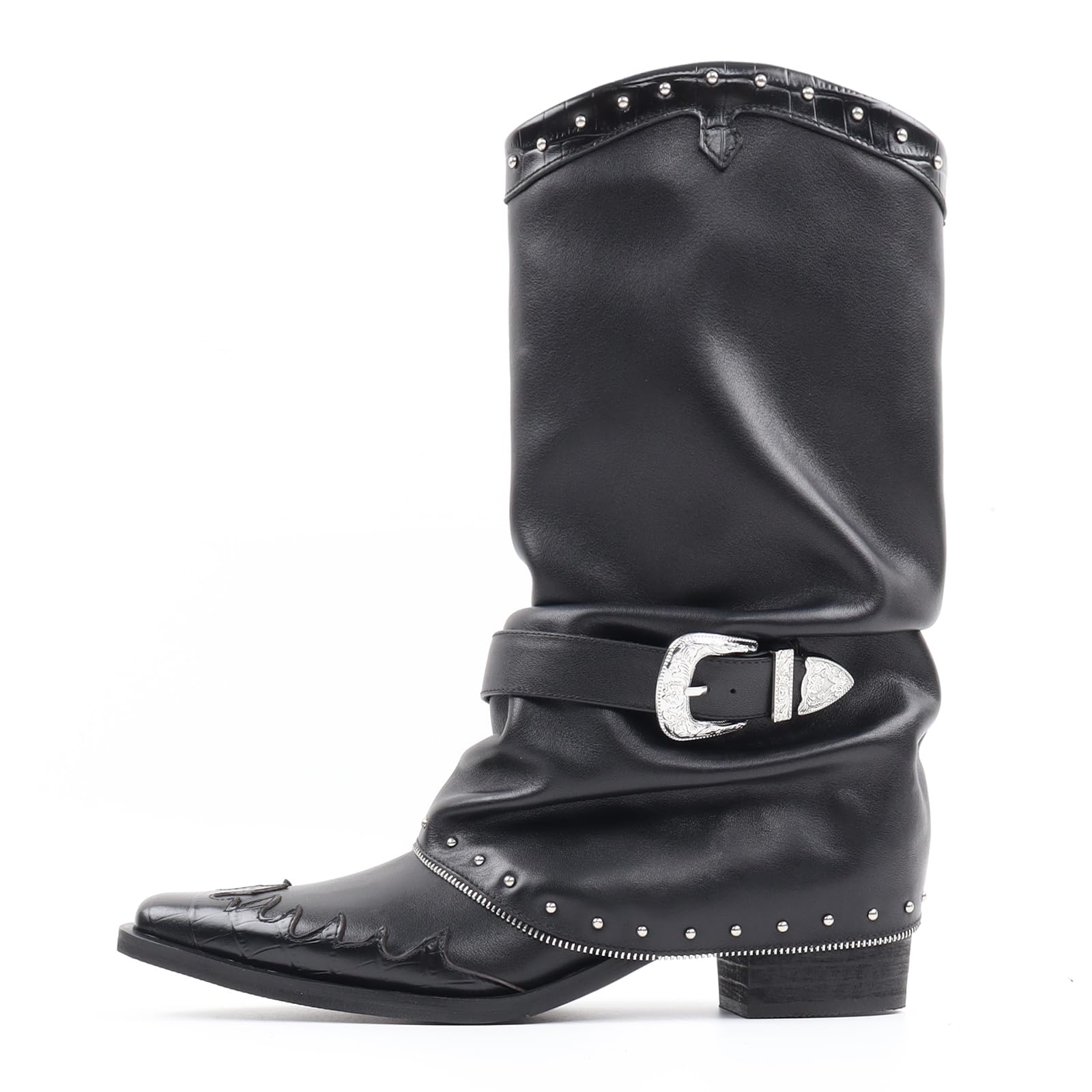 KISTANIA Cowgirl Boots Pointed Toe Mid Calf High Fold Over Western Cowboy Boots for Women