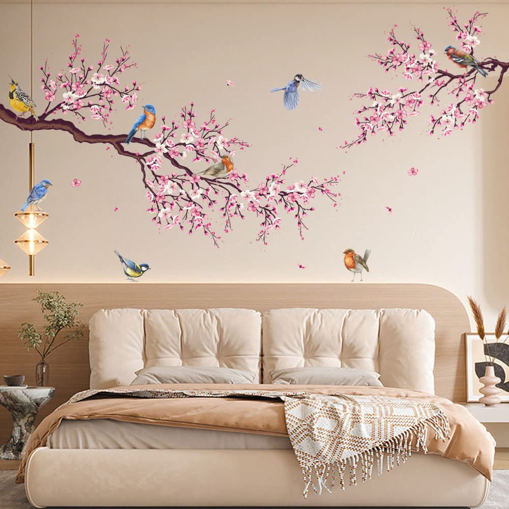 Snapklik.com : Watercolor Pink Flower Wall Decals Blossom Bird Tree ...