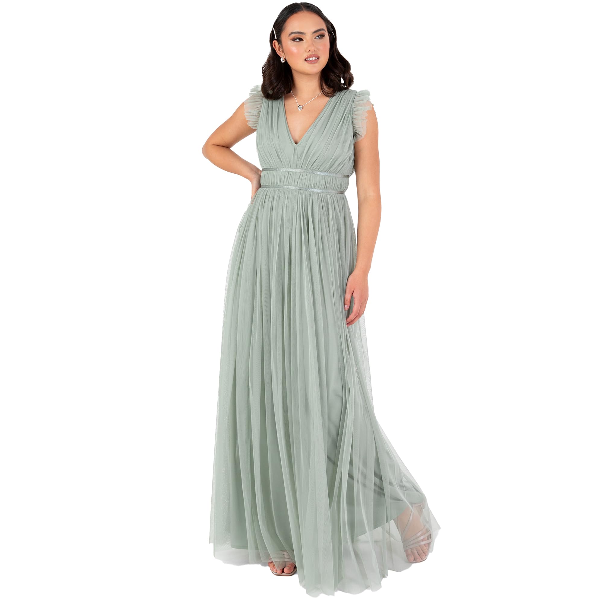 Anaya with Love Damen Women's Maxi Dress Ladies Cap Sleeve V-Neck Satin Detail Tulle A-line Bridesmaid Wedding Guest Occasion Prom Ball Gown Dress (1er Pack)