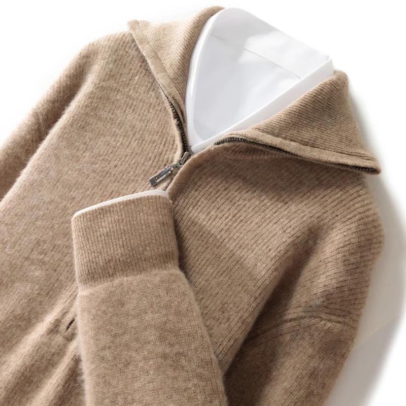 Men's Merino Wool Sweater Turn Down Collar Zipper Pullover Fall Winter Warm Tops4