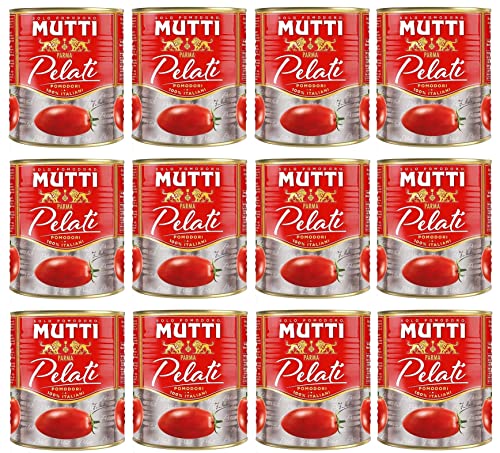 Mutti Pomodori Pelati - Juego de 12 tomates pelados, 100 % tomates italianos, 800 g, lata de tomates