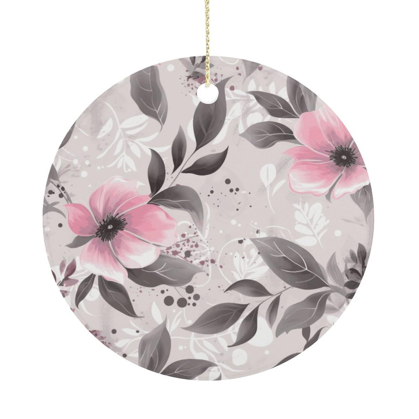 Pink Flowers and Leaves on Gray Christmas Ornament,Round Ceramic Ornaments Personalized Christmas Tree Ornament for Holiday Porcelain Keepsake Gifts Ideas Home Decor