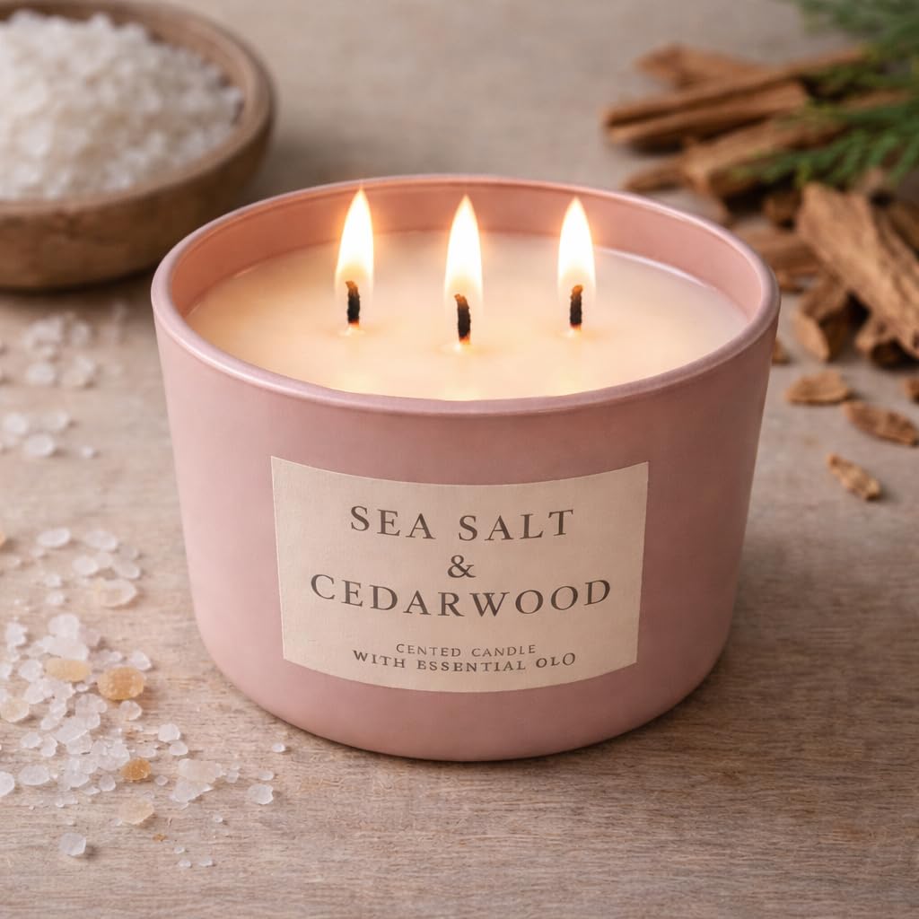 Vela perfumada de 3 mechas Sea Salt & Cedarwood - Sal marina y madera de cedro - Maceta decorativa rosa polvoreada - Cera de calidad - 35 horas - Ø 13 cm, H 8 cm - 330 g - Ambiente natural