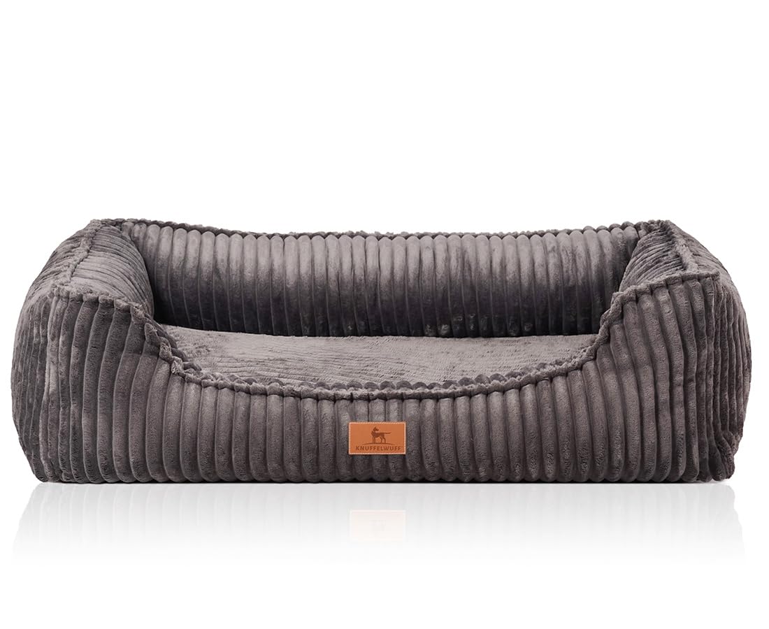 Knuffelwuff orthopädisches Hundebett aus Breitcord Sedona M-L 85 x 63cm Grau | Abnehmbarer Bezug | waschbar | für große, mittelgroße und kleine Hunde