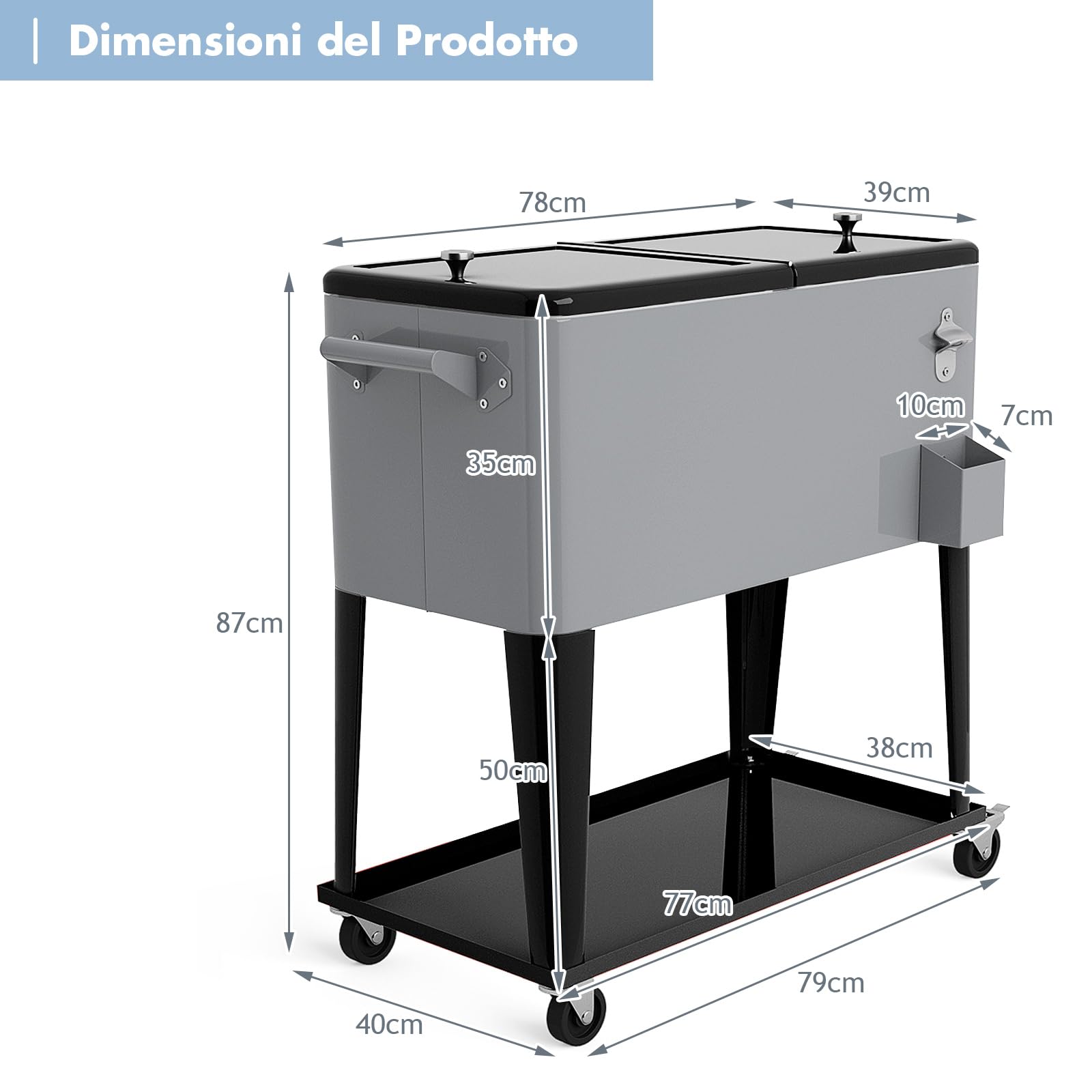 Carrello Portabevande GYMAX 76L z Ruotami, Przenośny, Utrzymuje Ciepło i Zimno, 91x48x87cm