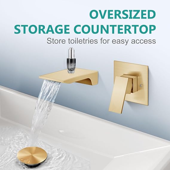 Aolemi Wall Mount Bathroom Faucet, Waterfall Tub Filler, Brushed Gold