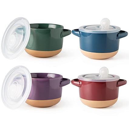 AmorArc Ceramic Soup Bowls with Handles and Vented Lids, 24 Ounces French Onion Soup Crocks for kitchen, Stoneware Serving Soup Bowl for Soup Cereal,Stew,noodle. Microwave Safe, Set of 4, Multicolor
